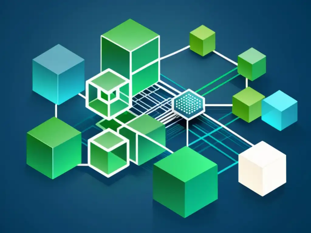 Una red de bloques interconectados representa la tecnología blockchain y la Teoría del Conocimiento, mostrando transparencia y eficiencia en tonos modernos de azul, verde y blanco