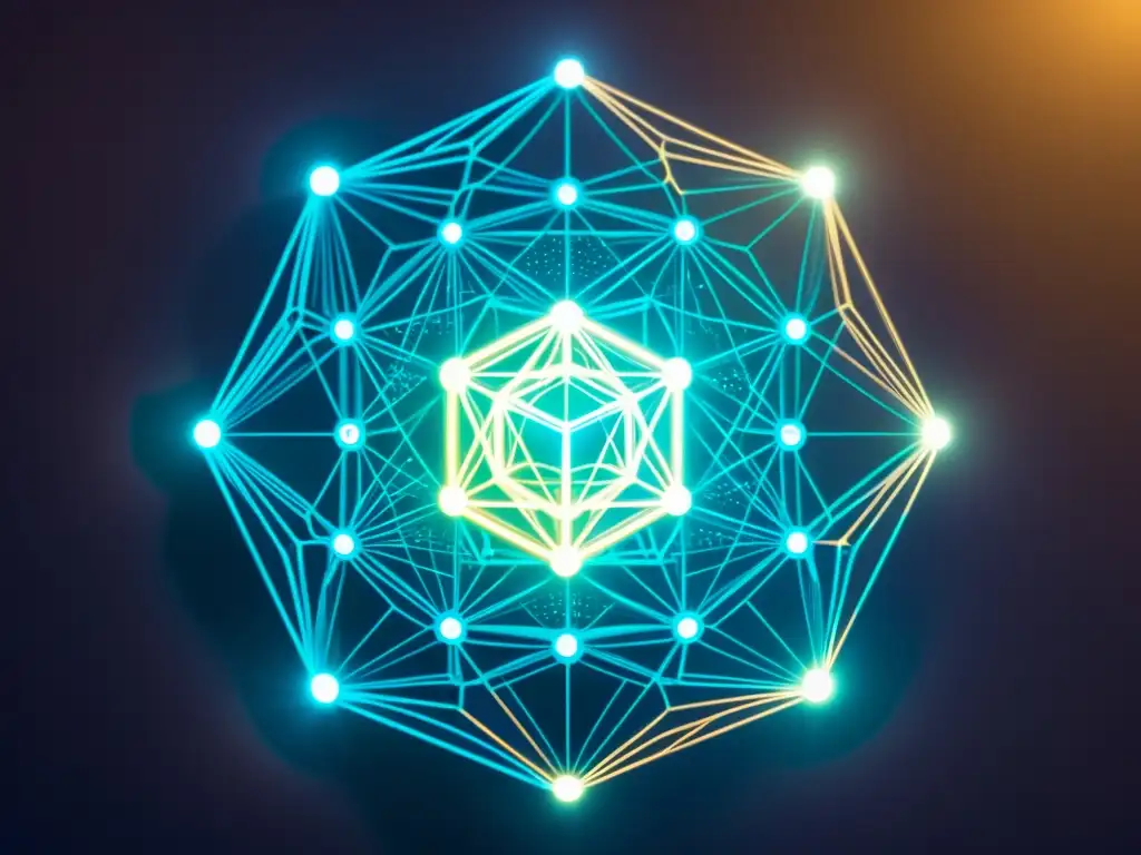 Una red brillante de nodos blockchain, irradiando una luz etérea que evoca la metafísica de la cadena de bloques