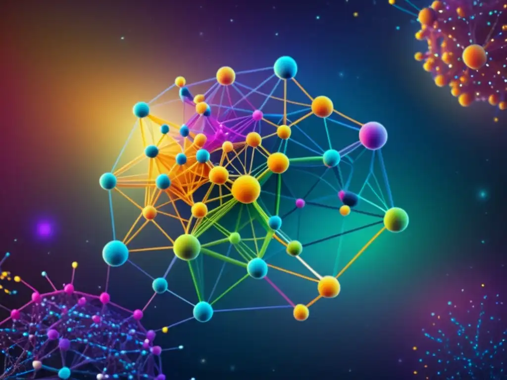Una red compleja de nodos vibrantes y dinámicos que representan la interconexión entre la teoría de sistemas y la filosofía