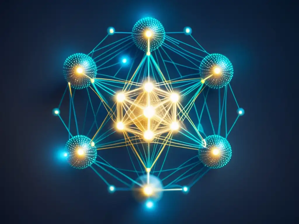 Una red descentralizada de nodos interconectados, representando aspectos únicos de la inteligencia artificial y la conciencia