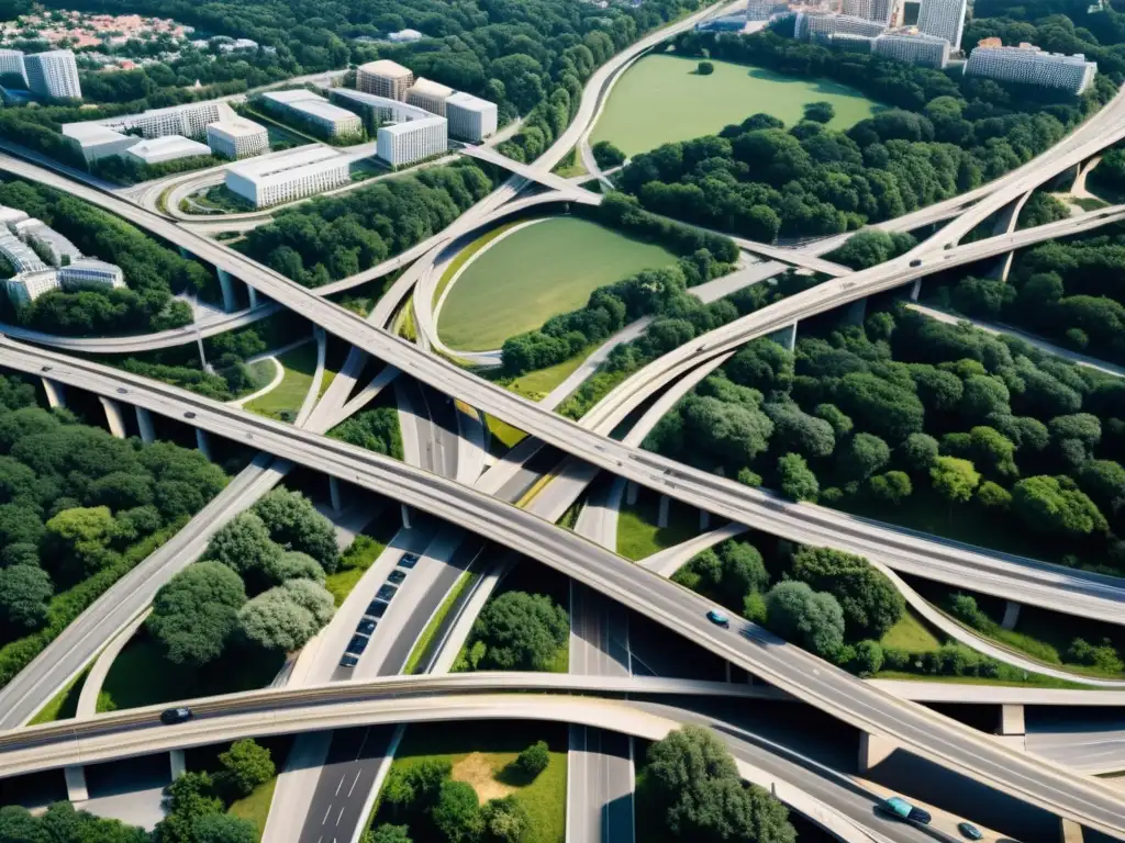 Una red enmarañada de carreteras y autopistas desde una vista aérea, simbolizando la libertad y predestinación filosófica en el mundo moderno