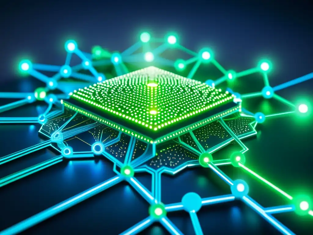 Una red futurista de nodos blockchain con circuitos brillantes y entrelazados, evocando tecnología avanzada y conexión