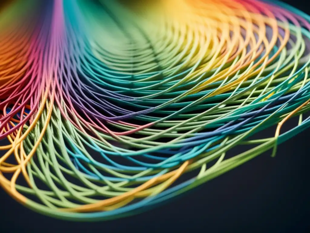 Una red intrincada de cuerdas vibrantes en colores, representando la complejidad de la teoría de cuerdas y su filosofía unificada