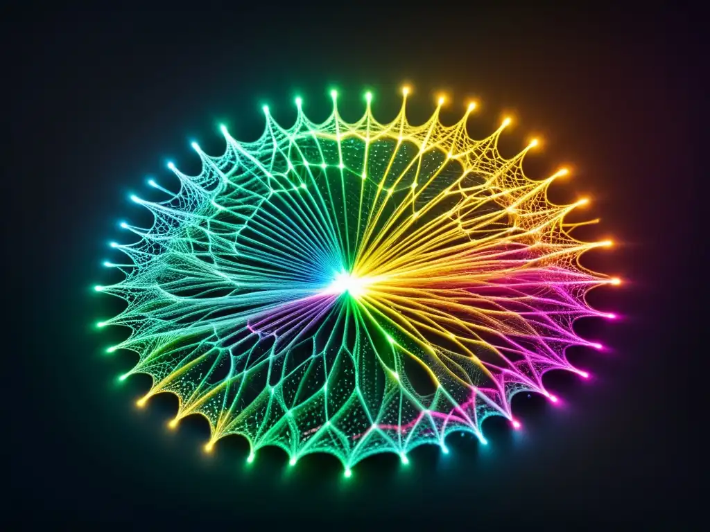 Una red intrincada de fibra óptica iluminada en colores vibrantes, evocando la filosofía en la era de la desinformación