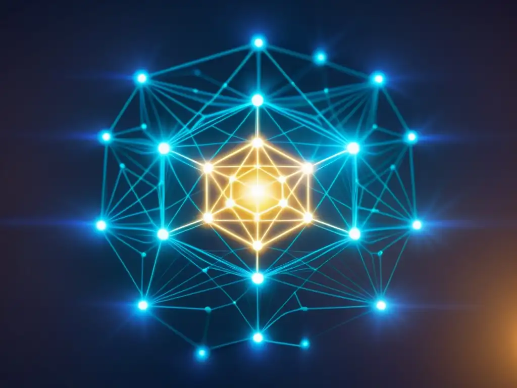 Una red intrincada de nodos luminosos y líneas interconectadas simbolizando la complejidad de la Conciencia Blockchain