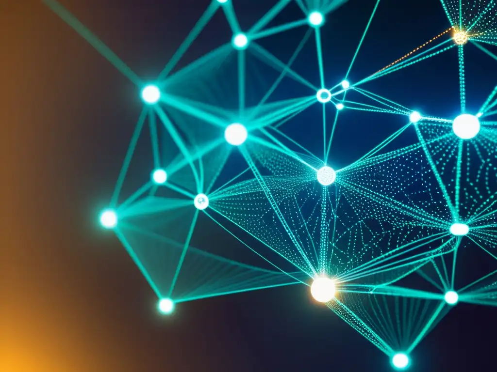 Una red de nodos blockchain interconectados, con flujos de datos brillantes entre ellos