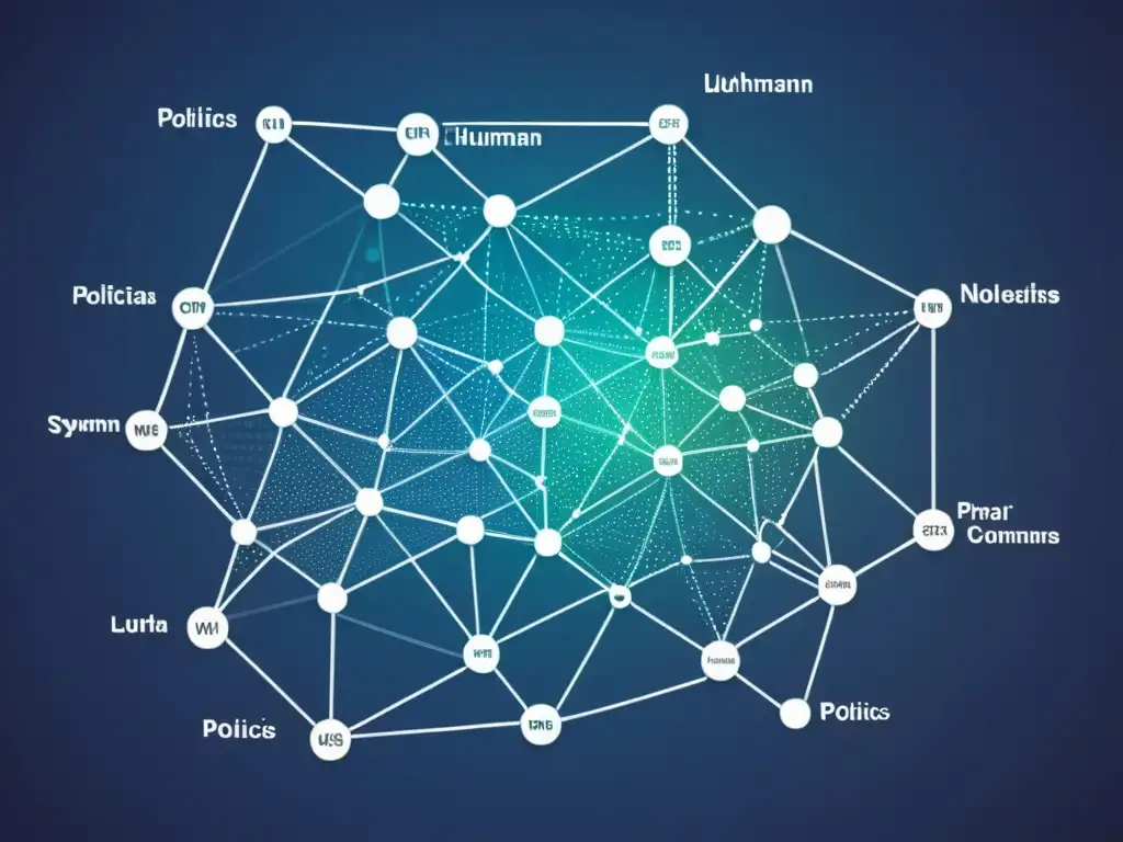 Una red de nodos interconectados en una compleja trama, representando la Teoría de Sistemas de Luhmann y la complejidad moderna