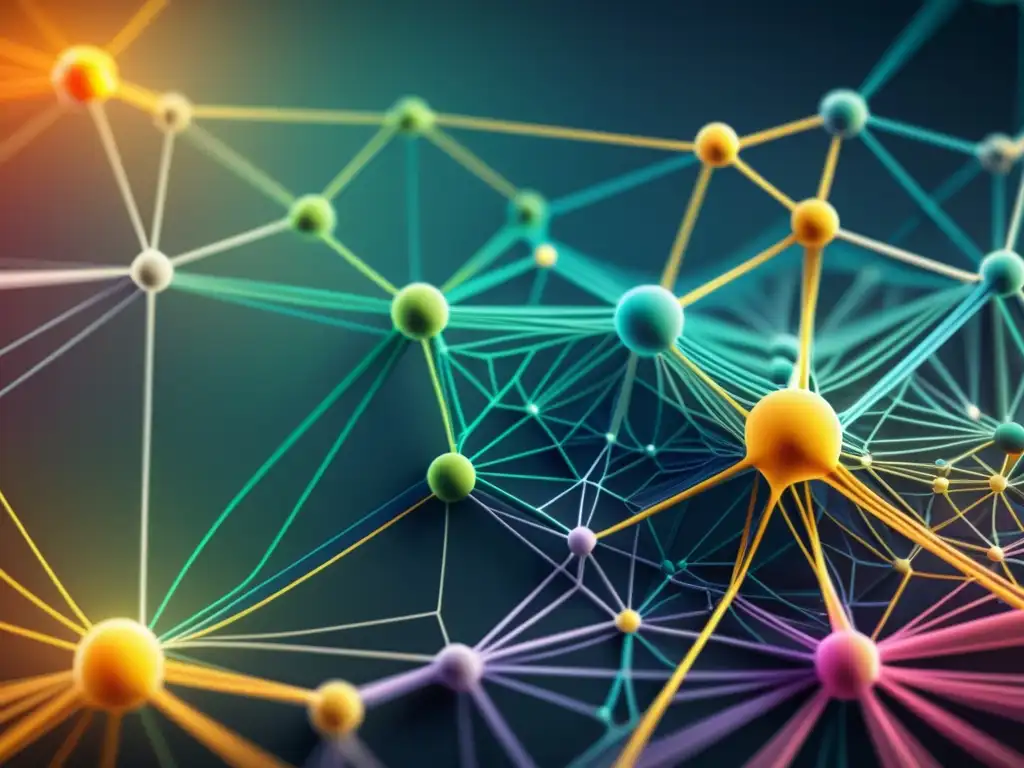 Una red de nodos interconectados en un patrón visualmente impactante, que representa la complejidad de la filosofía de la computación