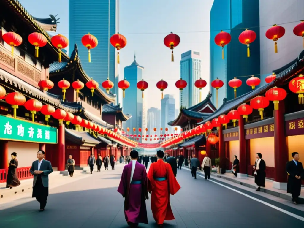 Relevancia del Confucianismo en la sociedad moderna: mezcla de tradición y modernidad en bulliciosa calle urbana