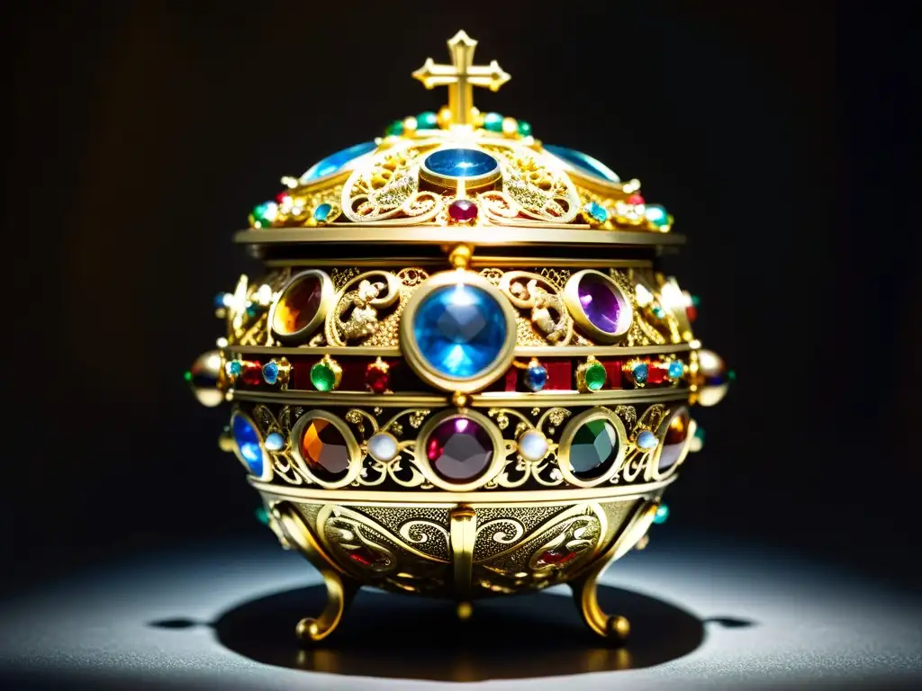 Un relicario medieval de oro con filigrana, gemas y símbolos religiosos