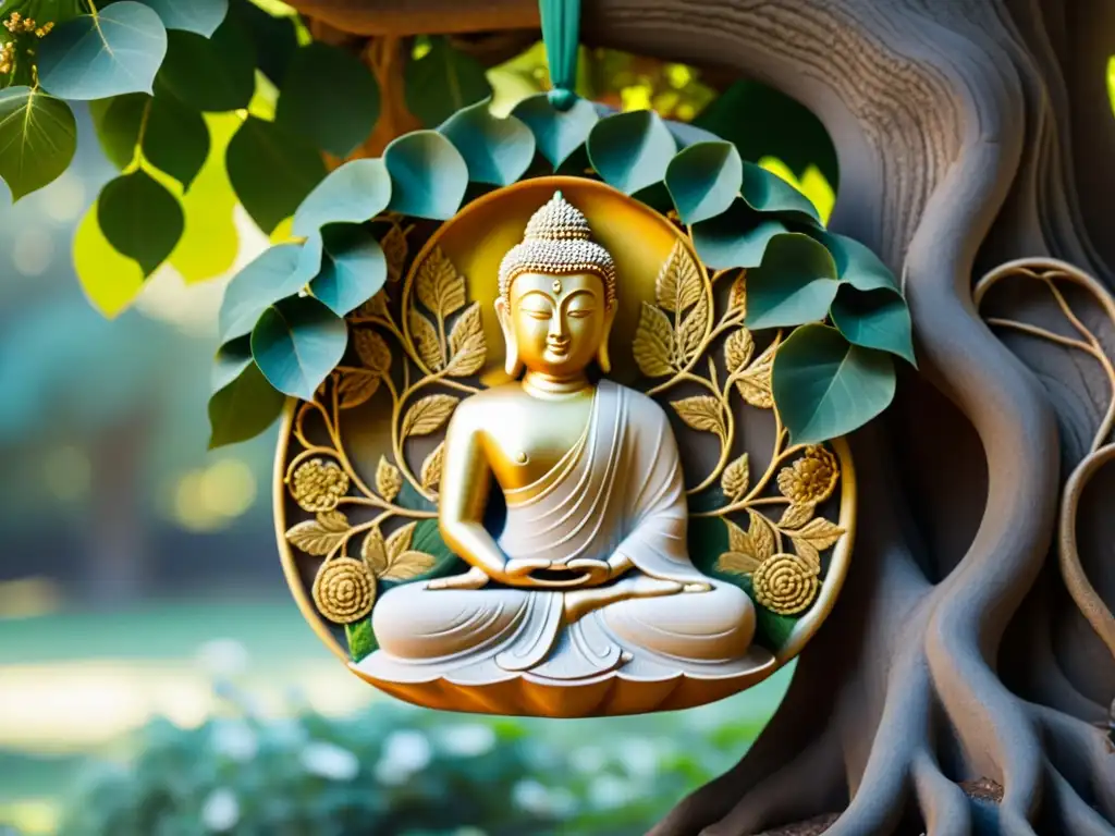 Relieve de Buda meditando bajo el árbol Bodhi, con detalles intrincados y una atmósfera de paz y espiritualidad