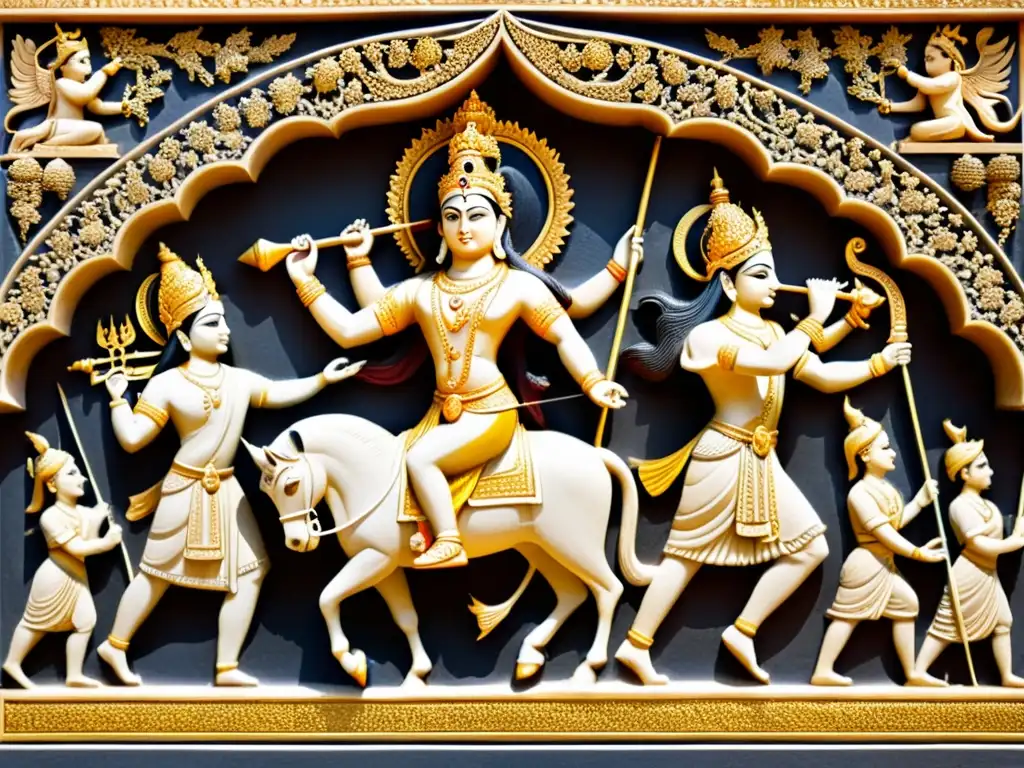 Relieve de Krishna enseñando el Dharma a Arjuna en Kurukshetra, con deidades, seres celestiales y patrones detallados