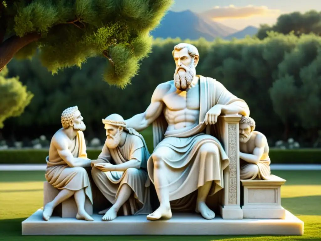 Relieve de mármol griego representando a Epicuro y sus seguidores en un jardín sereno, reflejando la filosofía epicúrea y su relación con la ruta hacia la libertad financiera