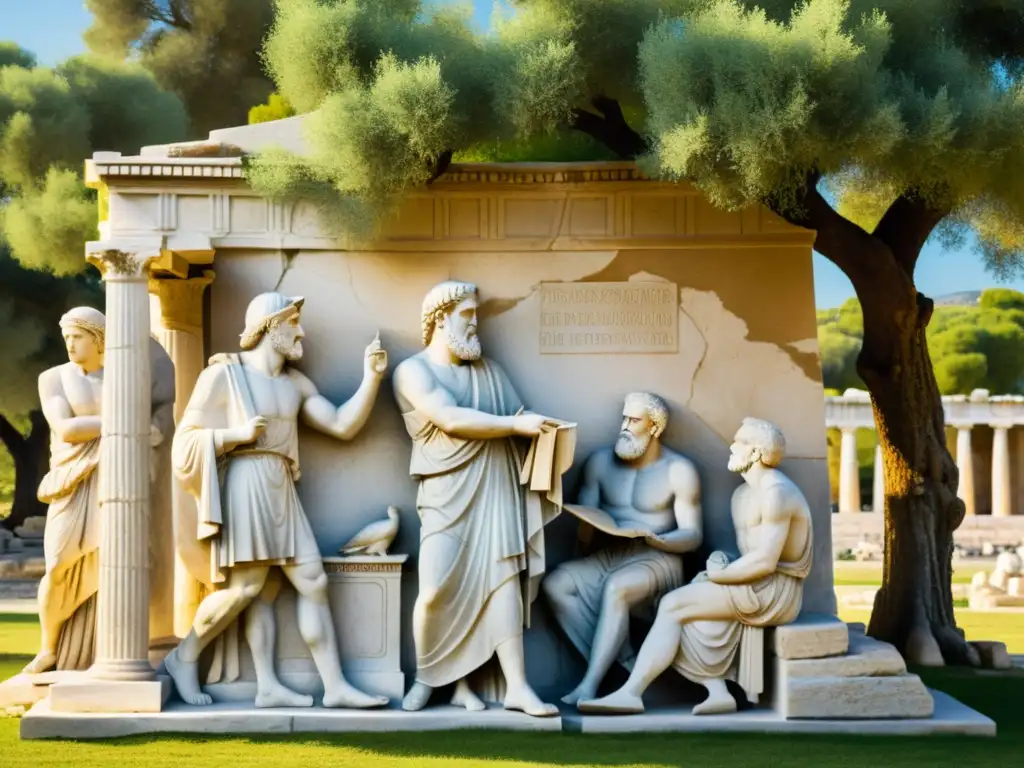 Filósofos en debate: Relieve griego antiguo con Parthenon Relieve de mármol griego: filósofos debaten bajo olivo, con el Partenón al fondo