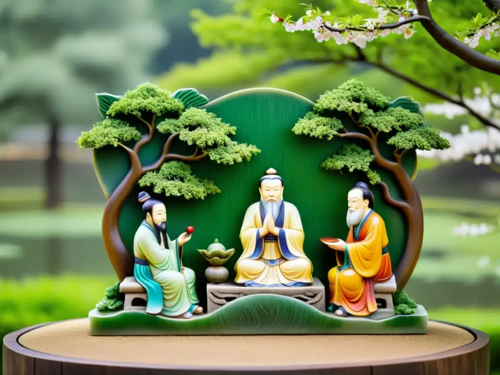 Relieve de piedra con Confucio enseñando virtud del Ren en un jardín sereno, entre verdor, flores y un estanque tranquilo