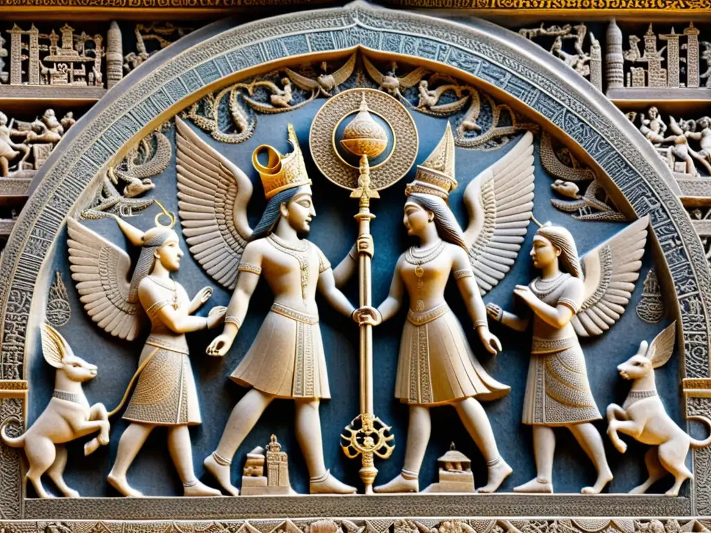 Relieve de piedra detallado con la cosmología dualista del zoroastrismo: Ahura Mazda y Angra Mainyu en eterna lucha, rodeados de ángeles y demonios