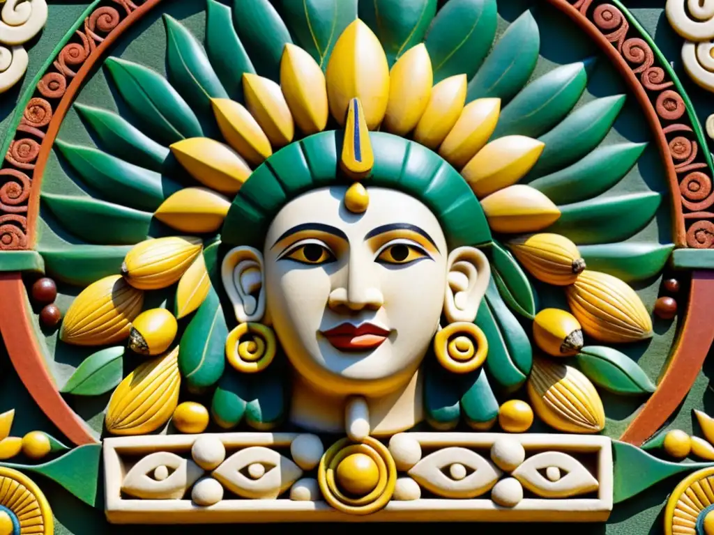 Relieve de piedra del Dios del Maíz, con adornos de mazorcas y patrones representando ciclos de vida y agricultura