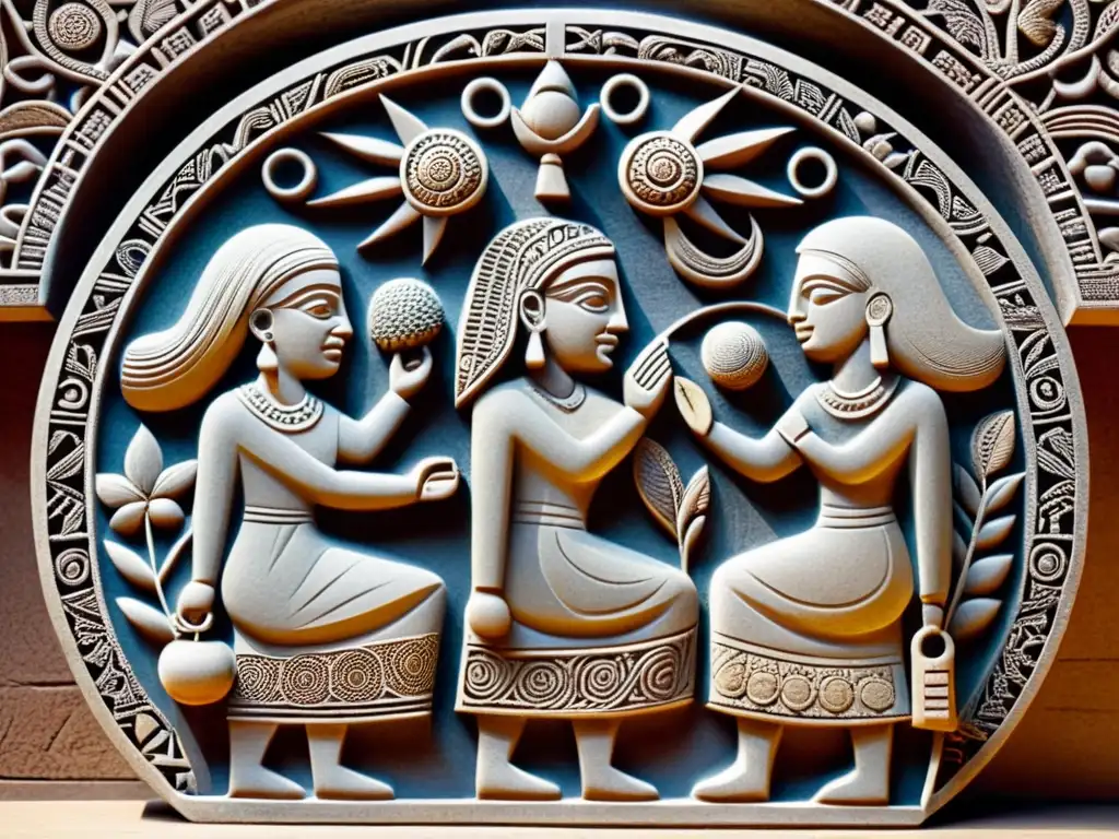 Relieve en piedra con mujeres filosóficas rodeadas de símbolos mesoamericanos, transmitiendo sabiduría y autoridad en un entorno sereno y poderoso
