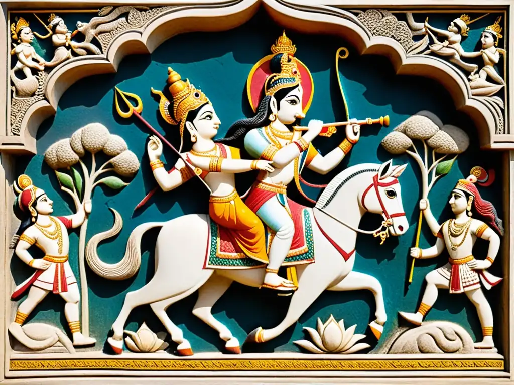 Relieve de piedra detalladamente tallado del dios hindú Krishna impartiendo el Bhagavad Gita a Arjuna en el campo de batalla de Kurukshetra, con expresiones y paisaje vibrantes, capturando el significado del Dharma en el Hinduísmo