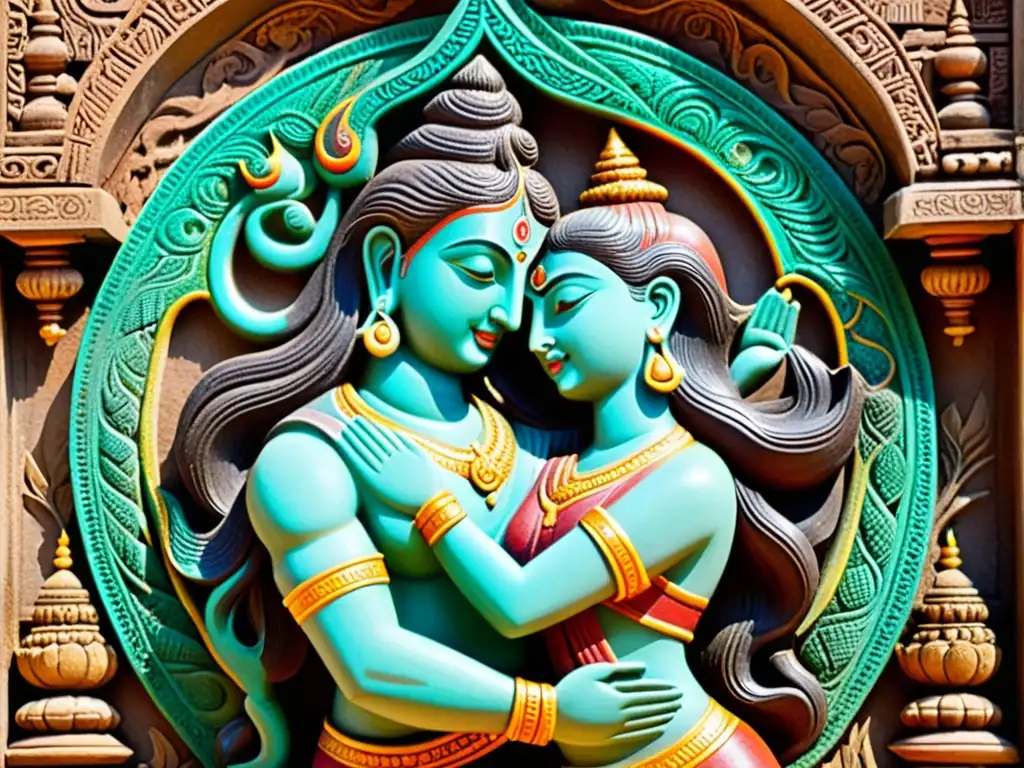 Relieve de piedra tallado con la unión de Shiva y Shakti, colores vibrantes y detalles detallados, en un templo en India