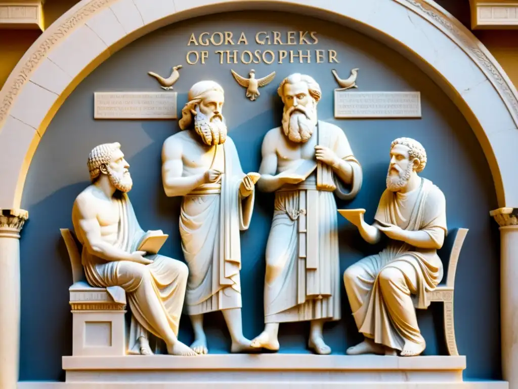 Relieve de mármol de Sócrates y sus estudiantes debatiendo en la Ágora de Atenas, evocando la historia de la filosofía occidental