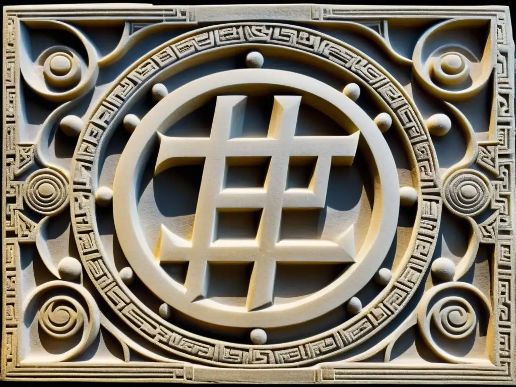 Relieve de Jainismo: Auspicioso dharmacakra y swastika Relieve tallado en piedra con símbolos del jainismo