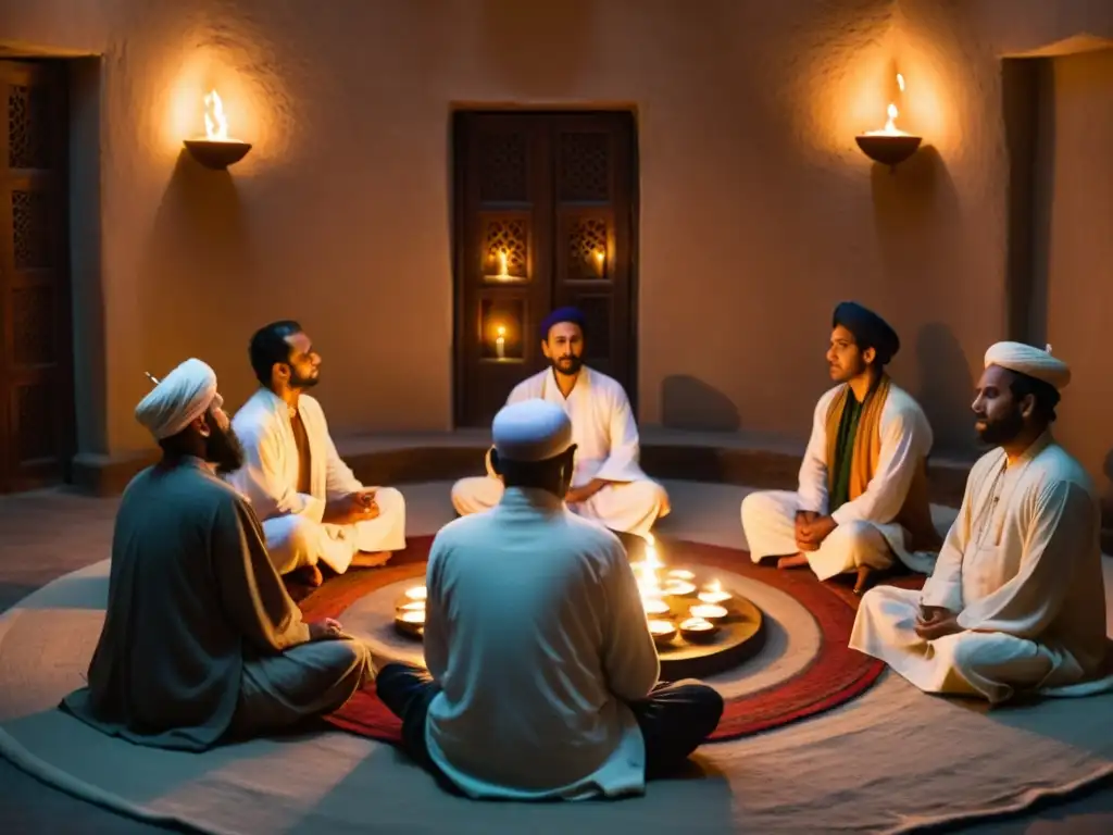 Práctica Sufi de la remembranza: Círculo de seguidores en zikr, rostros iluminados por velas en penumbra, concentración espiritual y misticismo