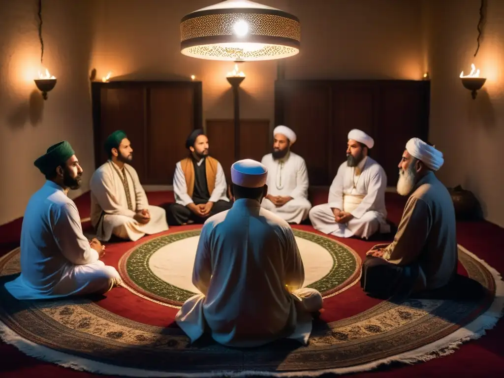 Práctica Sufi de la remembranza: Grupo de seguidores en profunda meditación, rodeados de luz de velas en una habitación mística