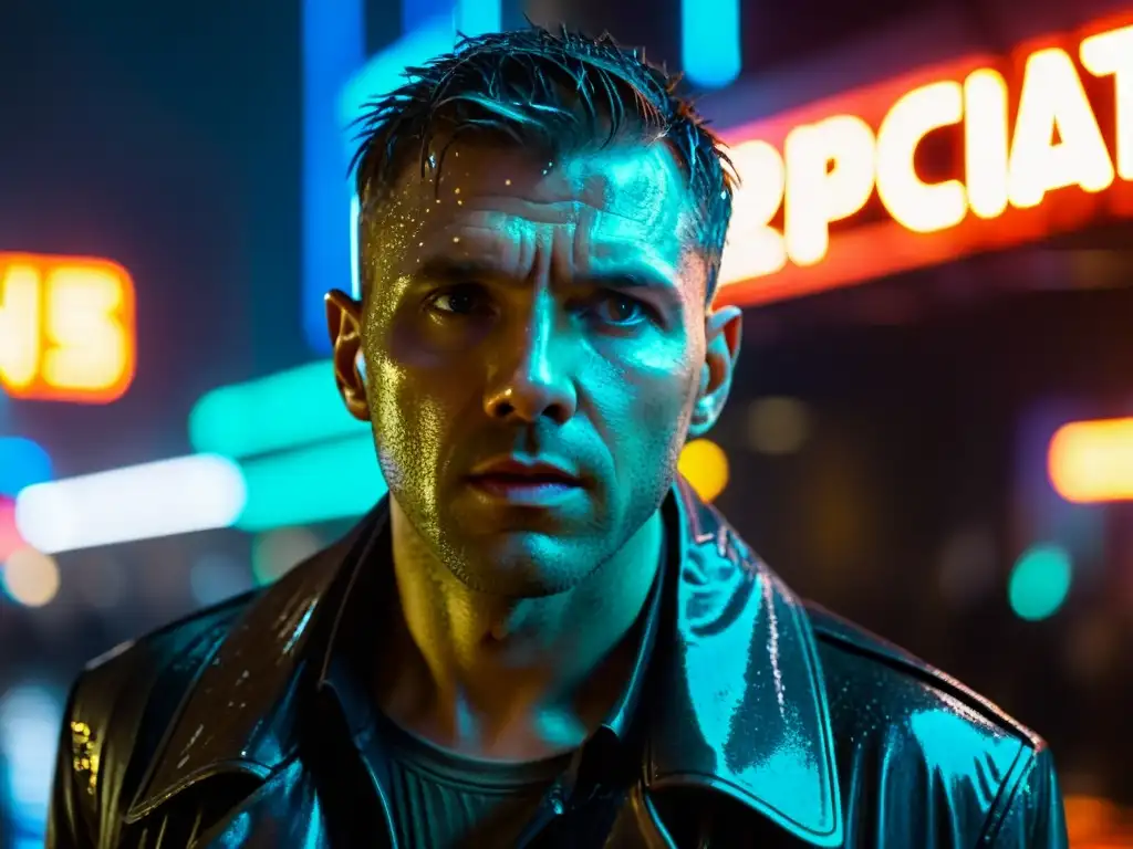 Un replicante melancólico bajo la lluvia en la futurista ciudad de Blade Runner