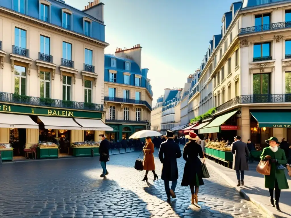 Una representación detallada de una bulliciosa calle parisina del siglo XIX, evocando la esencia del realismo e impresionismo
