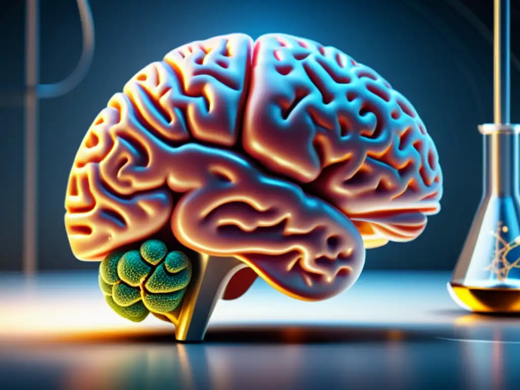 Una representación detallada del cerebro humano en un laboratorio moderno, destacando la complejidad de la mente