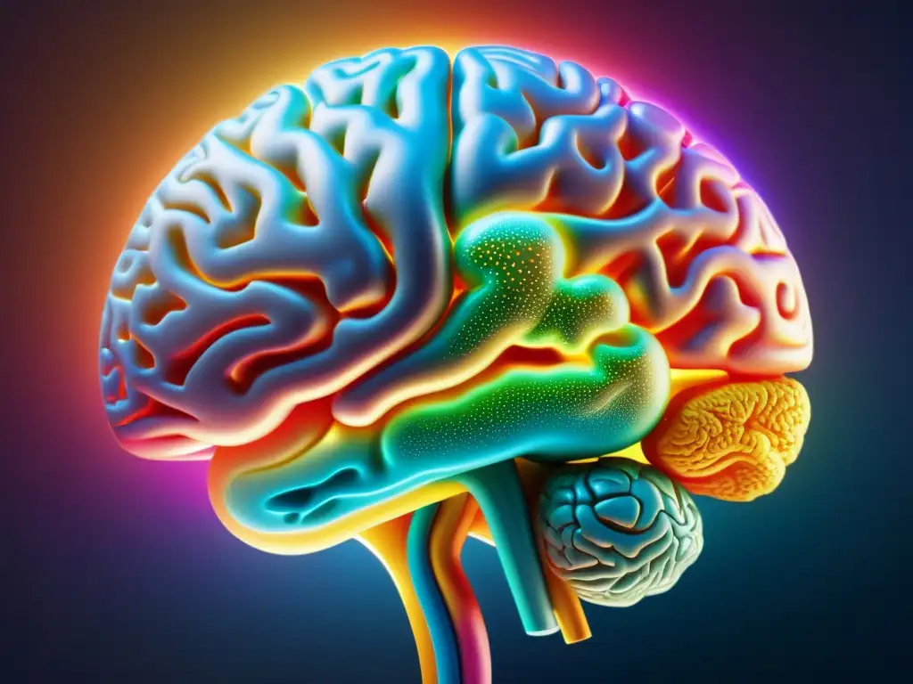 Una representación detallada y colorida del cerebro humano, simbolizando la complejidad del pensamiento y la interconexión de la ontología y la filosofía de la ciencia