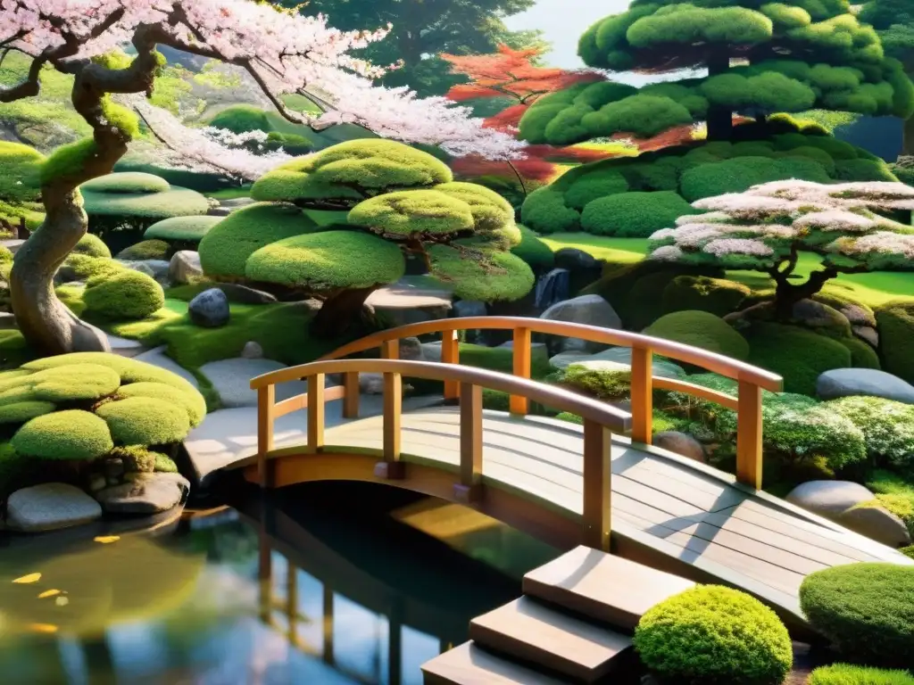 Una representación detallada y serena de un jardín japonés tradicional, con bonsáis, cerezos en flor y un puente de madera sobre un estanque tranquilo