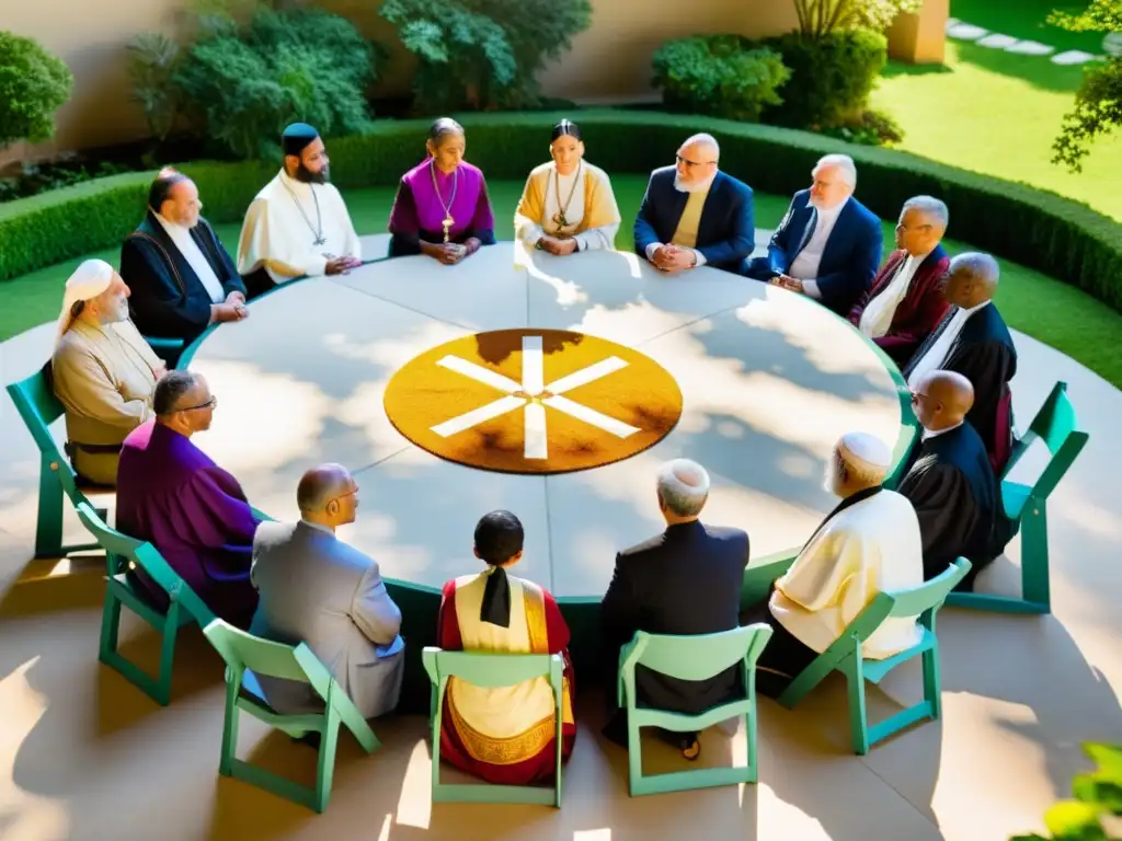 Representantes religiosos de distintas culturas dialogan en un patio soleado, simbolizando el futuro diálogo interreligioso tendencias