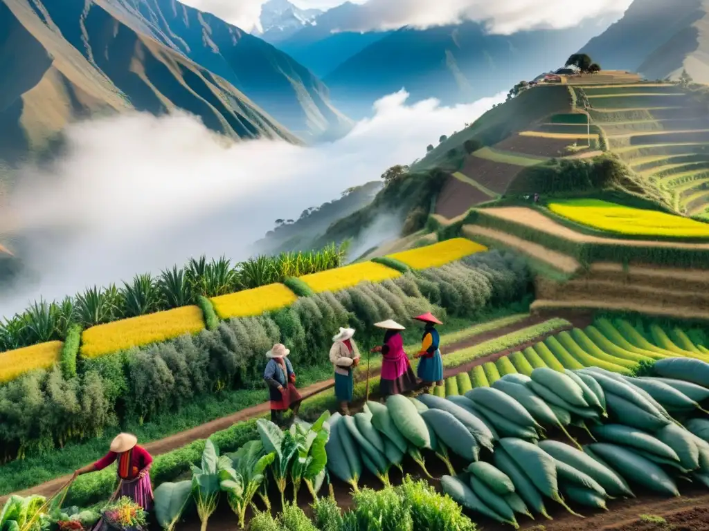 Una fotografía de alta resolución que muestra a agricultores andinos cosechando cultivos coloridos y variados en un paisaje montañoso con niebla