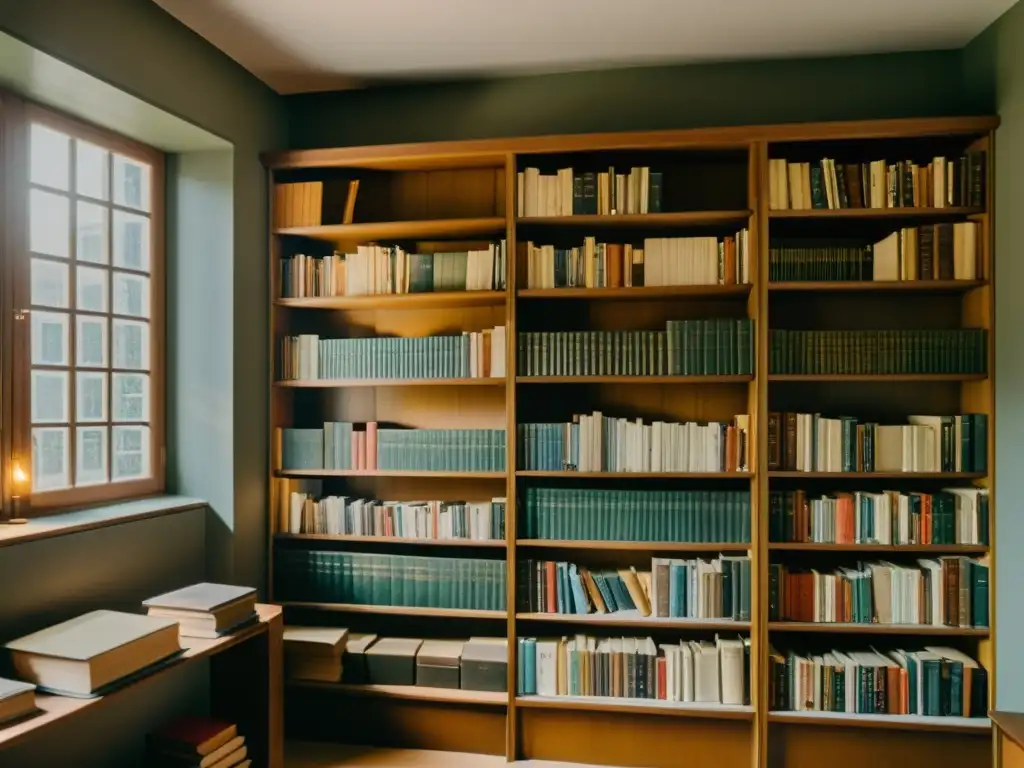 Una fotografía de alta resolución estilo documental de la biblioteca personal de Michel Foucault, llena de libros desgastados sobre filosofía, historia y sociología