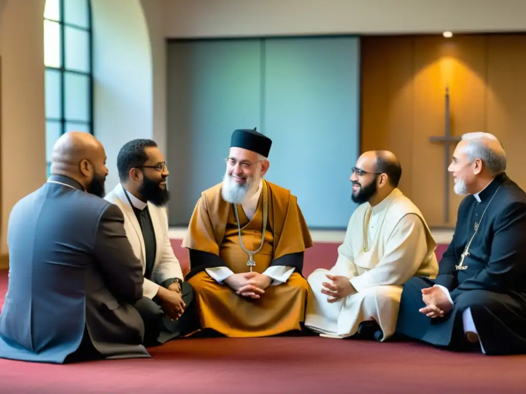 Representación respetuosa del diálogo interreligioso: Diversos líderes religiosos dialogan en un ambiente sereno y respetuoso, expresando mutuo respeto y apertura a la comunicación interreligiosa