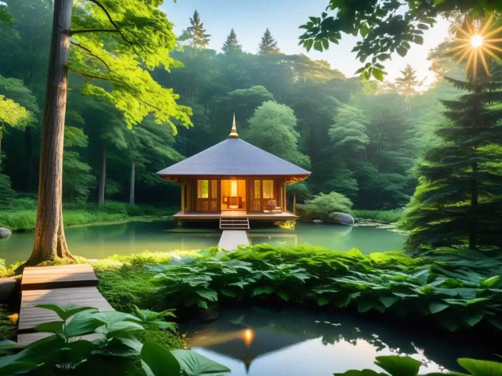 Retiro de meditación para introspección en el bosque con cabañas rústicas, sendero de piedra y figura meditando