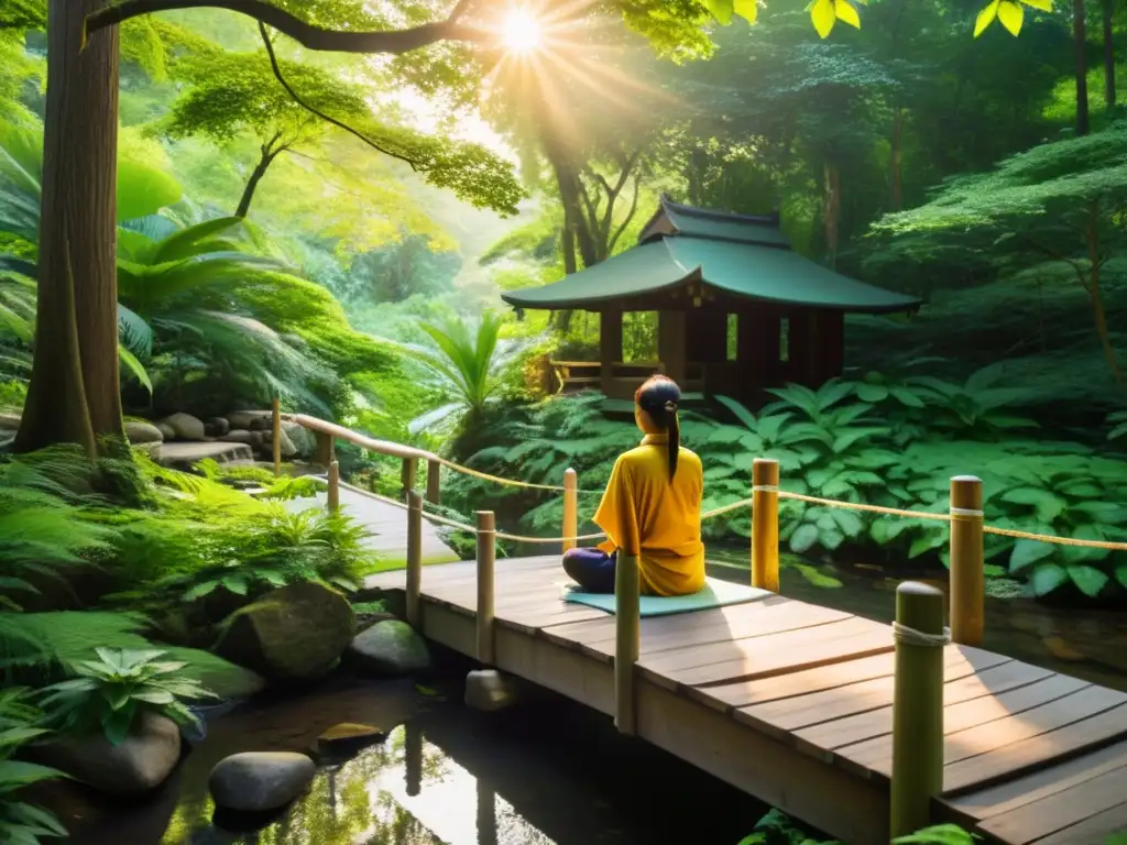 Retiro de meditación para introspección en un bosque sereno con puente de madera sobre arroyo y pabellón tradicional