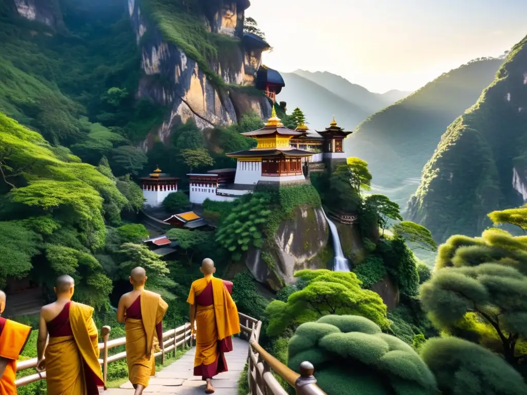 Templo budista sereno en la montaña: meditación y serenidad espiritual Retiro espiritual budista en un templo sereno en la montaña, con monjes y una atmósfera de paz y contemplación