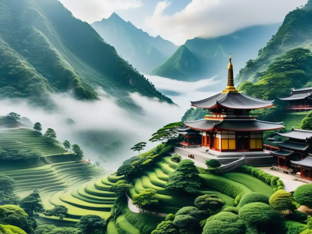 Retiro espiritual en templo budista entre montañas, evocando serenidad y conexión con la filosofía oriental, viajes y el Tao