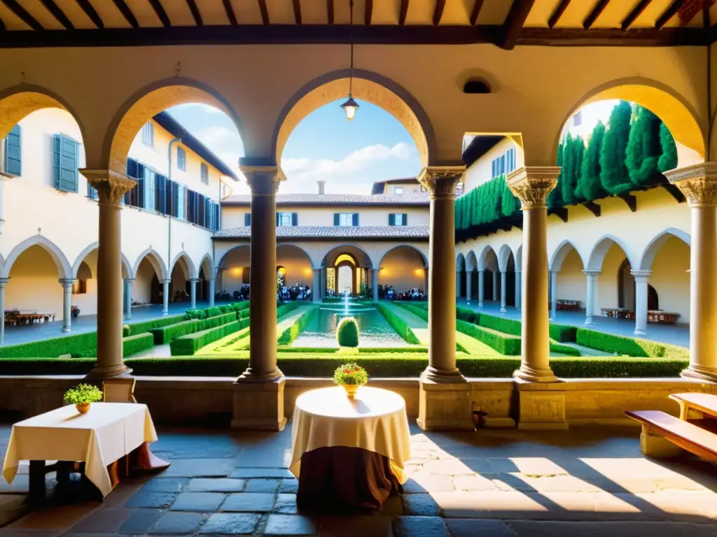 Un retiro filosófico en Florencia Renacimiento: patio sereno con arquitectura renacentista, fuente y vegetación, bañado por cálida luz solar