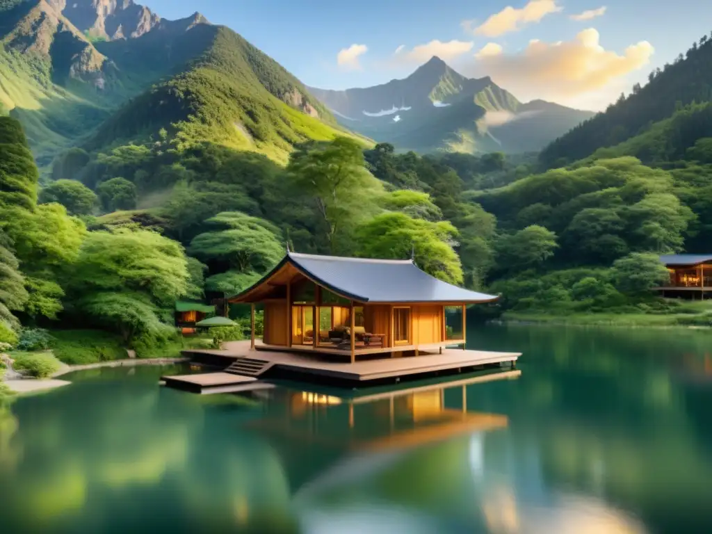 Retiro de meditación para introspección en las montañas, rodeado de naturaleza serena y un lago tranquilo