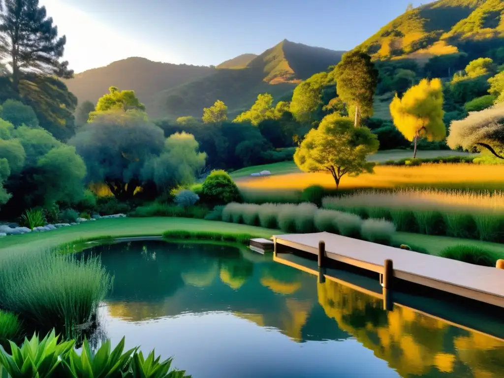 Retiro de meditación para introspección en paisaje sereno con lagunas y montañas al atardecer