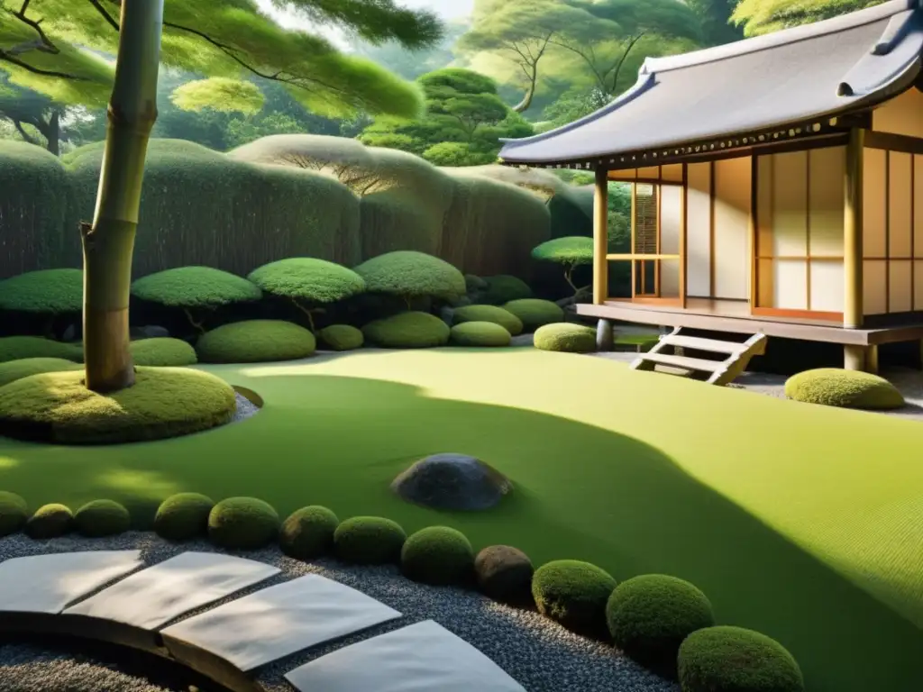 Retiro de meditación Zen en Japón: Jardín japonés sereno con cabaña de meditación de madera, musgo verde y bambú
