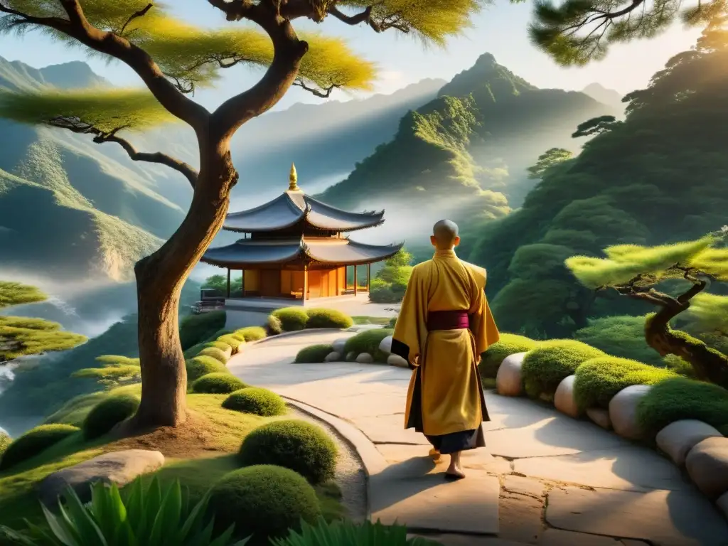 Retiro taoísta en la montaña, donde monjes practican meditación y artes marciales entre la niebla y árboles antiguos