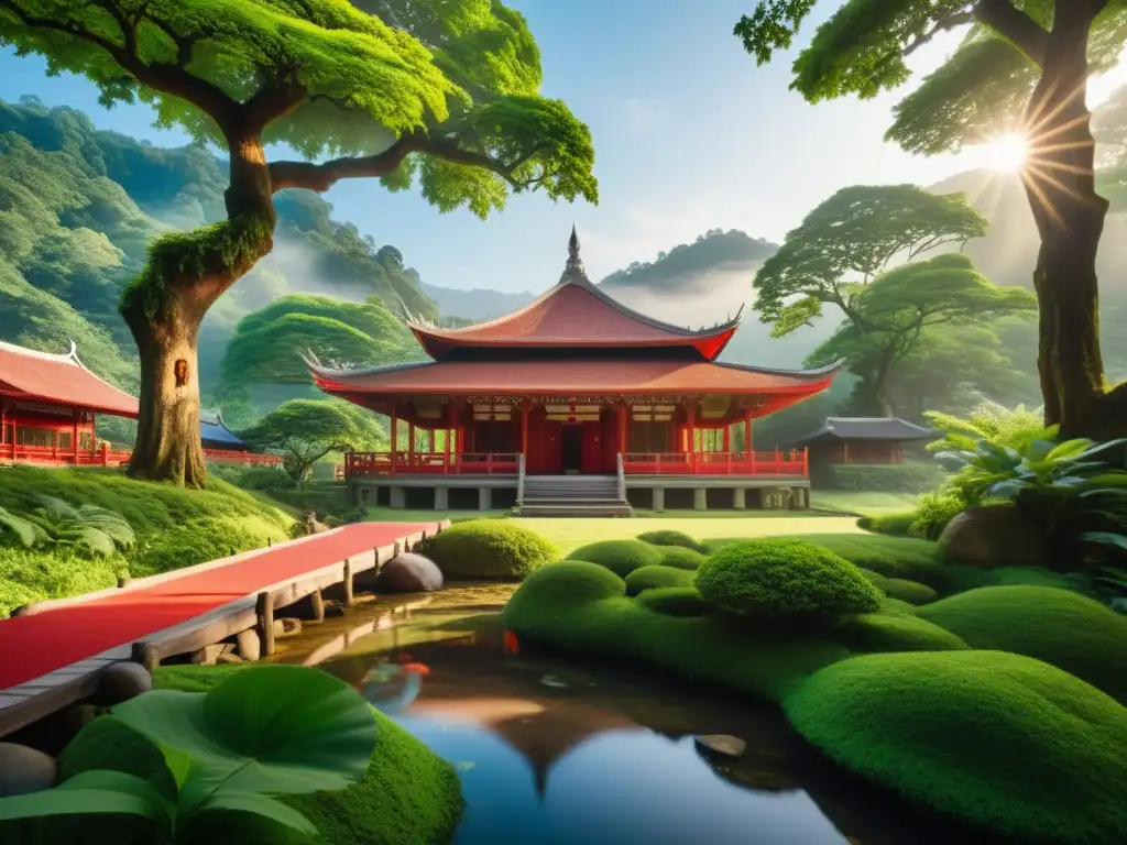 Retiro de meditación para introspección en valle sereno con sala de meditación de madera y naturaleza exuberante