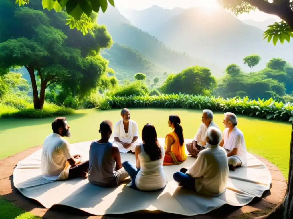 Retiro védico con personas en círculo, inmersos en discusión espiritual, rodeados de naturaleza serena y montañas al fondo