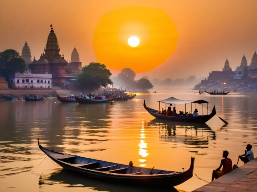 Retiro védico con vista al amanecer sobre el sagrado río Ganges en Varanasi, India, reflejando su mística y serenidad