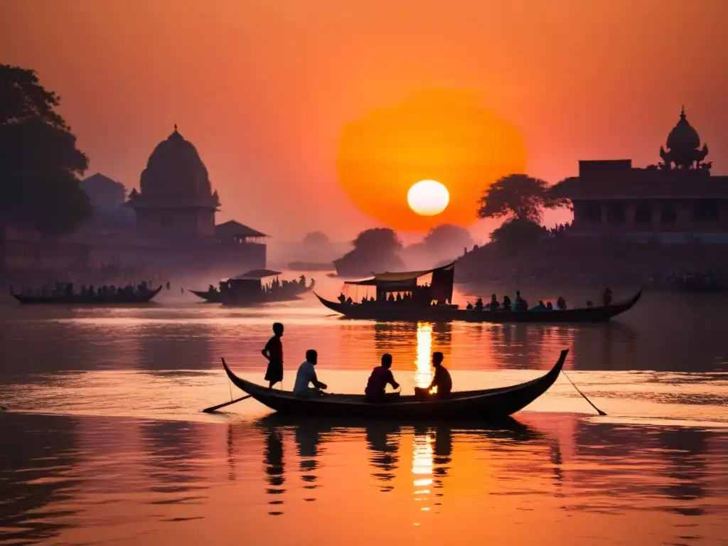 Retiros védicos filosofía hindú inmersión: Atardecer dorado sobre el sagrado Ganges, barca tradicional y rituales en la ribera